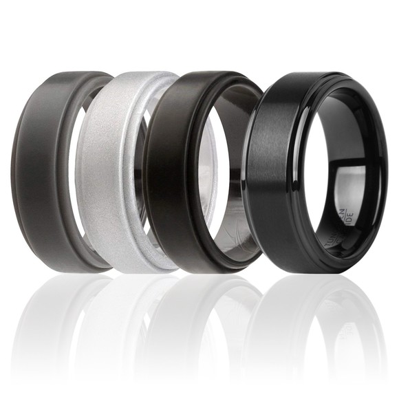 Silicone Wedding Twin Step Ring Set - Black by ROQ for Men - 4 x 11 mm Ring - Picture 1 of 1